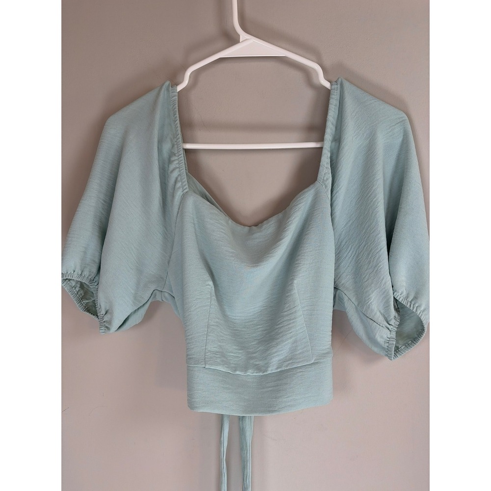 Basil & Lola Sage Green Puff Sleeve Tie Back Crop Top Sweetheart Neck Blouse